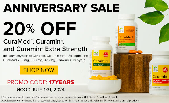 Anniversary Sale • 20% Off Curamin and CuraMed • SHOP NOW • Promo Code: 17YEARS • Good through 7.31.24